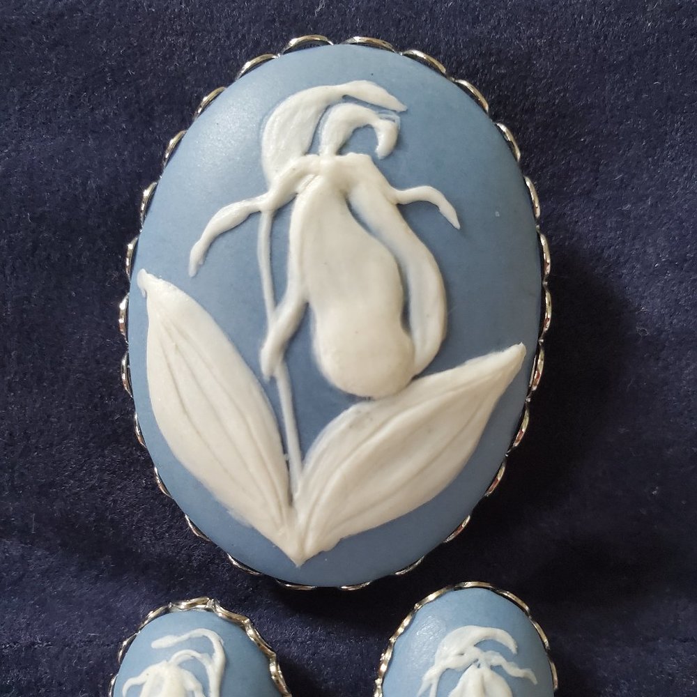 Vintage 1970's Wedgwood Jasper Style Floral Brooch & Screw-Back Earrings Set